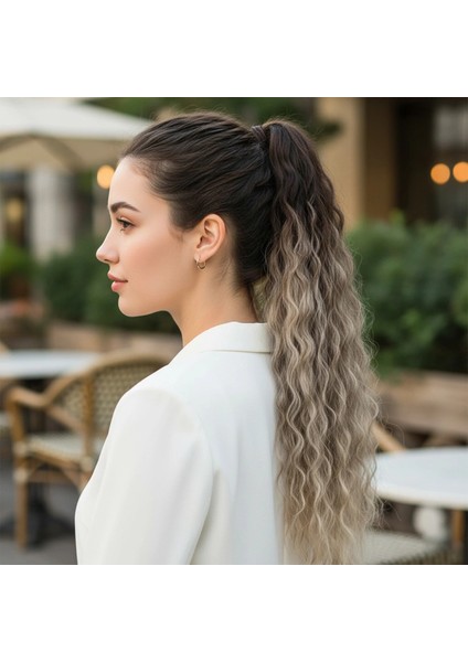 Lastik Tokalı At Kuyruğu Kabarık Afro Dalgalı - Küllü Kumral / Beyaz Platin Ombre