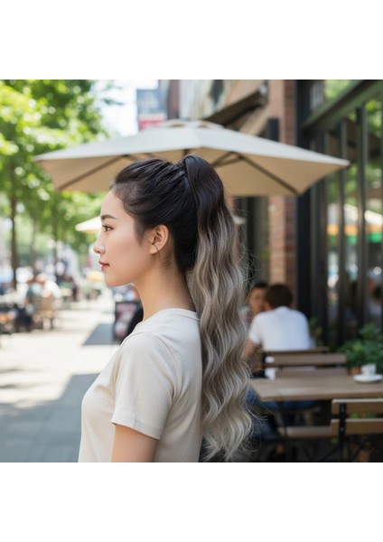 Lastik Tokalı At Kuyruğu Su Dalgalı - Küllü Kumral / Beyaz Platin Ombre