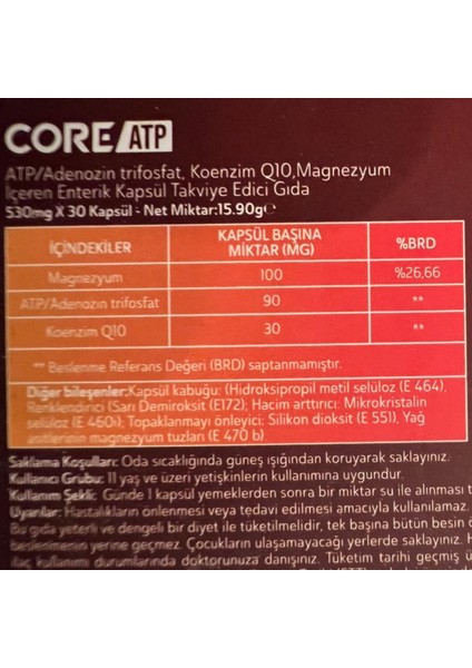 Core Atp Atp/adenozin Trifosfat, Koenzim Q10, Magnezyum İçeren Kapsül Takviye Edici Gıda fırsatları