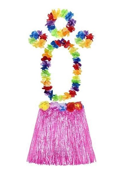 Yetişkin ve Çocuk Uyumlu Luau Aloha Hawaii Pembe Etek ve Renkli Kolye Taç 2 Adet Bileklik Seti