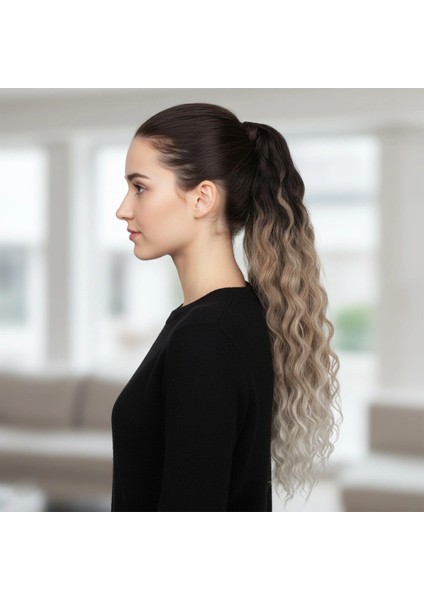 Lastik Tokalı At Kuyruğu Kabarık Afro Dalgalı - Kahverengi / Kumral Ombre Beyaz Platin Röfle