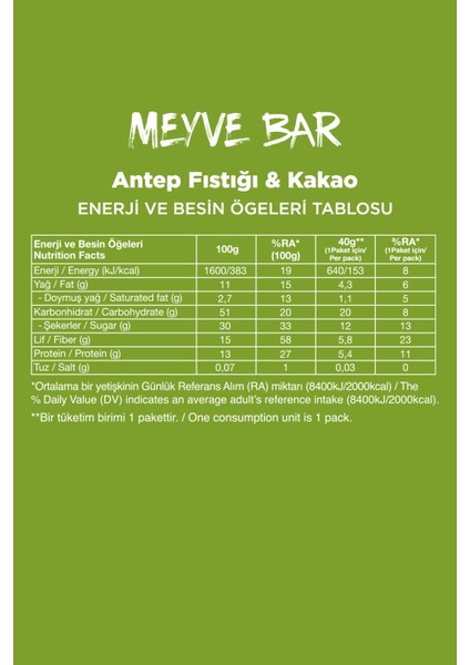 Meyve Bar 40G Ikili Kutu 24 Adet (Antep Fıstıklı x 12 + Yaban Mersinli x 12)