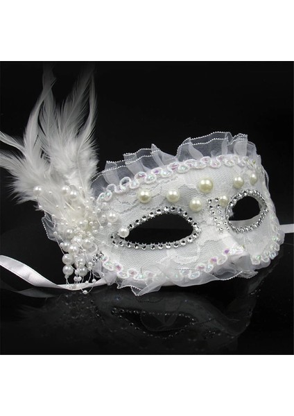 Beyaz Renk Yandan Tüylü Inci Işlemeli Taşlı Dantelli Parti Maskesi 17X12 cm fiyatları