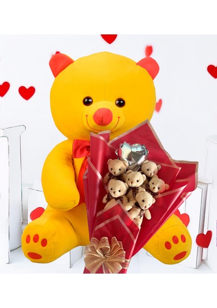 Premium 80 cm Peluş Ayı ve Romantik Balonlu Sütlü Kahve Peluş Ayıcık Buketi