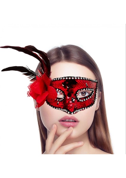 Kırmızı Renk Yandan Tüylü Güllü Gümüş Taşlı Pullu Maske 20X22 cm fiyatları