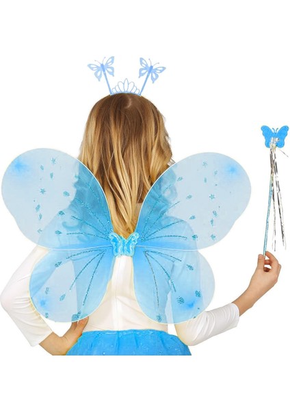 Mavi Kelebek Erkek-Kız Seti – 50 cm Kelebek Kanadı, Taç ve Asa