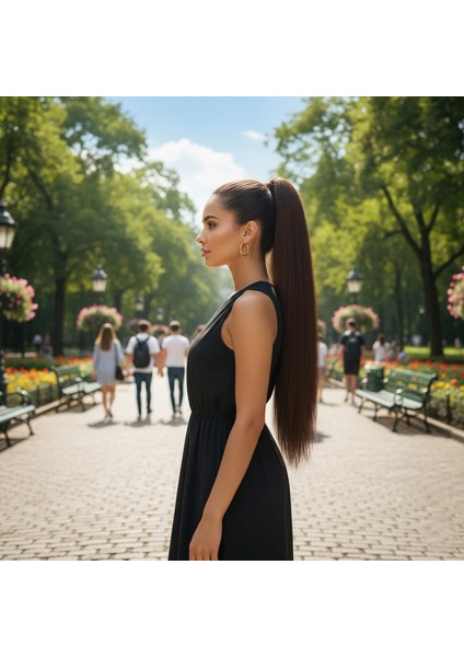Lastik Tokalı At Kuyruğu Düz - Kahve Karamel