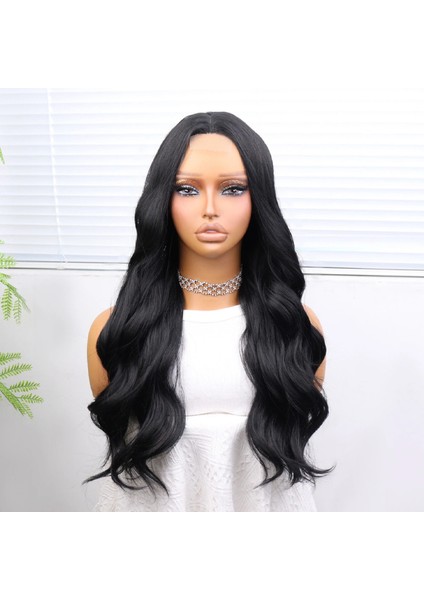 Uzun Siyah Su Dalgalı Fiber Sentetik Tül Peruk fiyatları