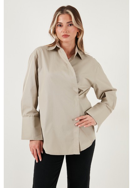 Regular Fit Klasik Yaka Bağlamalı Uzun Kollu Gömlek Bayan Gömlek 6834987