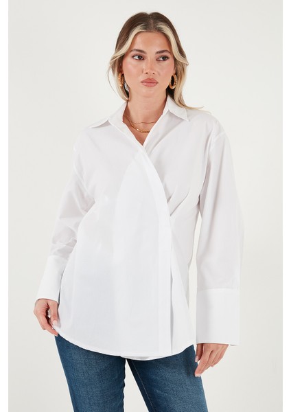 Regular Fit Klasik Yaka Bağlamalı Uzun Kollu Gömlek Bayan Gömlek 6834987