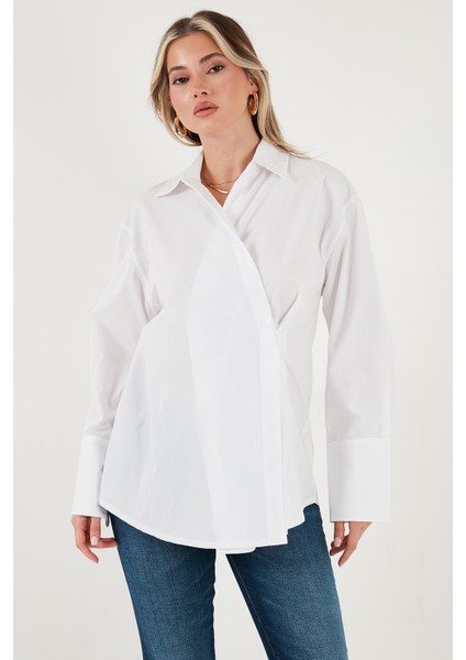 Regular Fit Klasik Yaka Bağlamalı Uzun Kollu Gömlek Bayan Gömlek 6834987 indirimleri