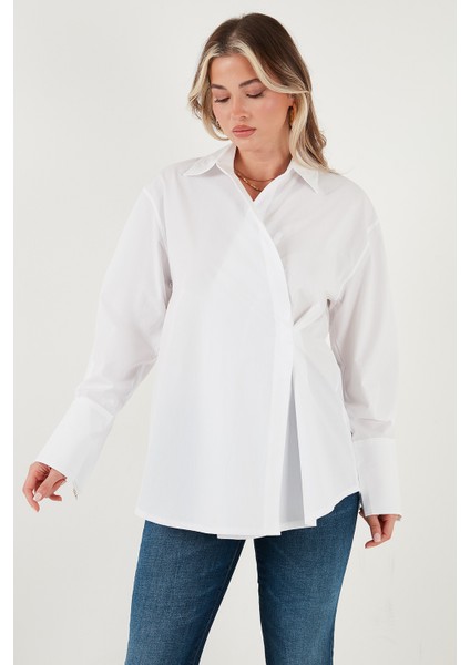 Regular Fit Klasik Yaka Bağlamalı Uzun Kollu Gömlek Bayan Gömlek 6834987