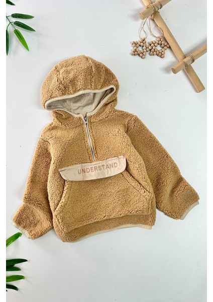 Kanguru Cep Detaylı Kapüşonlu Unisex Çocuk polar sweat - Açık Kahve