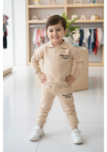 Make It All Kabartma Baskılı Erkek Çocuk 2 li takım - Krem modelleri