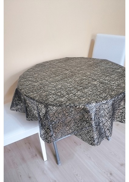 Üstü Şeffaf Muşamba Kaplama Dantel Görünüm Yuvarlak Masa Örtüsü -137 cm Çap -Siyah Renk-Hsr
