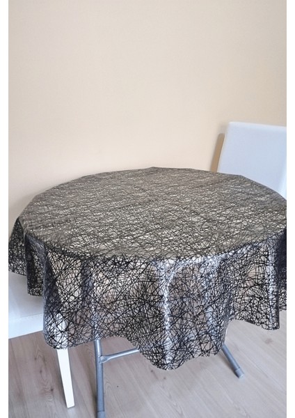 Üstü Şeffaf Muşamba Kaplama Dantel Görünüm Yuvarlak Masa Örtüsü -137 cm Çap -Siyah Renk-Hsr fiyatları