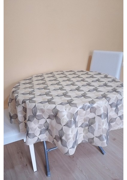 Üstü Şeffaf Muşamba Kaplama Dantel Görünüm Yuvarlak Masa Örtüsü -137 cm Çap -Krem Renk-Yoncsyh