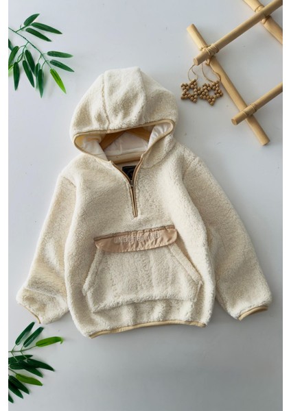 Kanguru Cep Detaylı Kapüşonlu Unisex Çocuk polar sweat - Bej