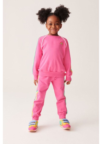 Gökkuşağı Işleme Detaylı Şeritli Kız çocuk takım -Fuşya