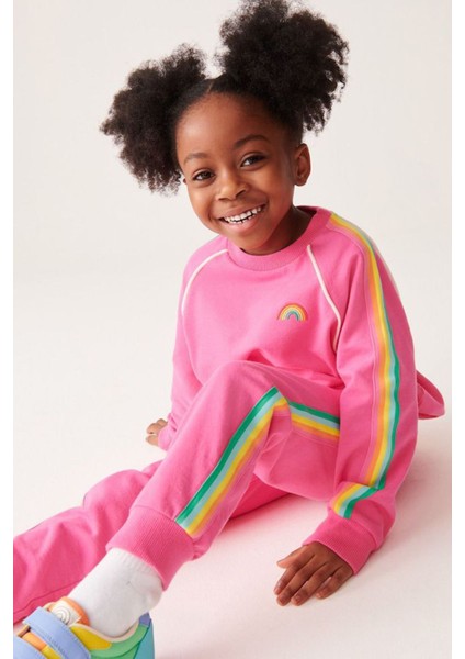 Gökkuşağı Işleme Detaylı Şeritli Kız çocuk takım -Fuşya fiyatları