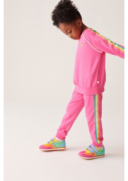 Gökkuşağı Işleme Detaylı Şeritli Kız çocuk takım -Fuşya fırsatları