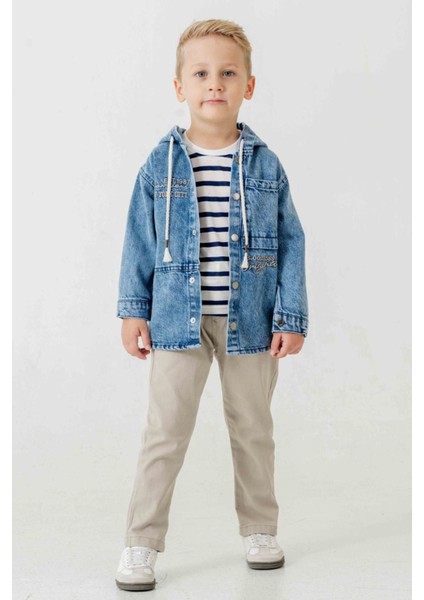 Çizgili Detaylı Kot Ceketli Erkek Çocuk 3 lü takım - Bej