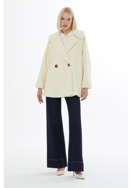 Kruvaze Kesim Duble Kollu Oversıze Peluş Kaban