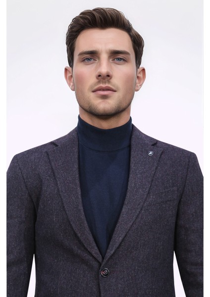Slim Fit Mono Yaka Mor Astarsız Yünlü Tek Ceket