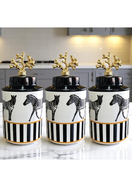 Baharatlık Silindir Seramik Büyük Boy Kapaklı 3 Lü Kahve Köşesi Seti Zebra At