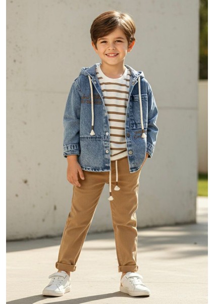 Çizgili Detaylı Kot Ceketli Erkek Çocuk 3 lü takım - Açık Kahve