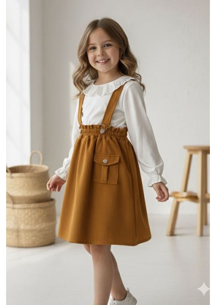 Süet Etekli Askılı Kız Çocuk 2 li takım - Hardal