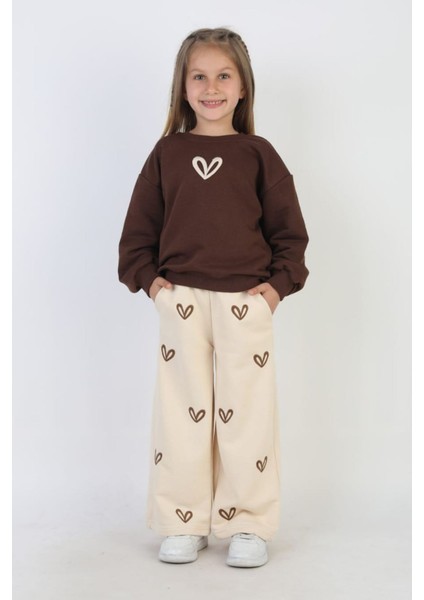 Kalp Işleme Detaylı Kız Çocuk 2 li takım - Kahverengi fiyatları