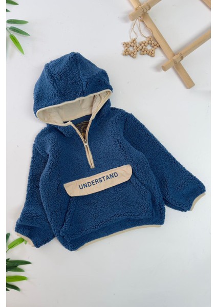 Kanguru Cep Detaylı Kapüşonlu Unisex Çocuk polar sweat - Mavi