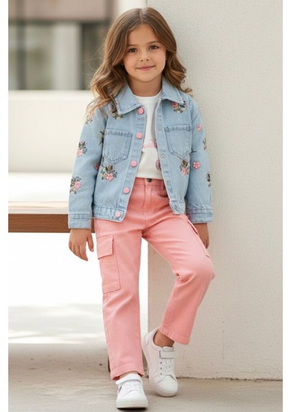 Çiçek Işleme Detay Ceketli Kız Çocuk 3 lü takım - Somon