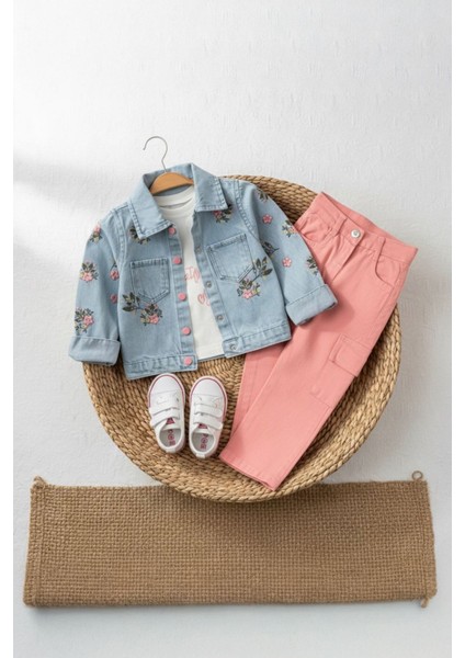 Çiçek Işleme Detay Ceketli Kız Çocuk 3 lü takım - Somon fiyatları