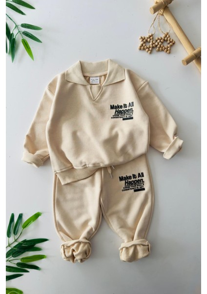 Make It All Kabartma Baskılı Erkek Çocuk 2 li takım - Krem