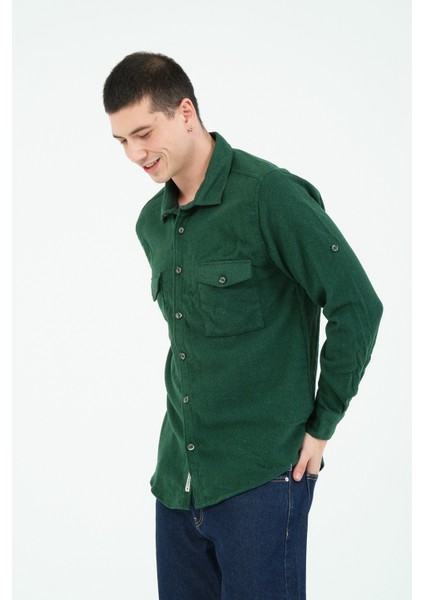 Düz Flanel Oduncu Gömlek - Regular Fit Kalın %100 Pamuklu Çift Cepli Ceket Gömlek