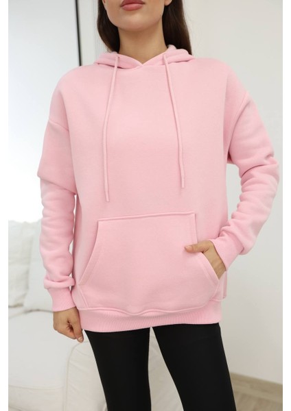 Üç Iplik Kanguru Cep Sweatshirt Pembe