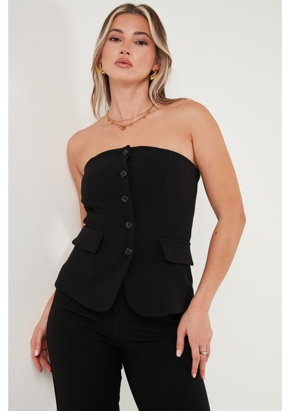 Regular Fit Straplez Yaka Düğmeli Yelek Bayan Yelek 6839611
