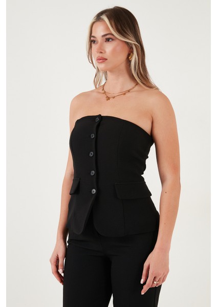 Regular Fit Straplez Yaka Düğmeli Yelek Bayan Yelek 6839611 modelleri