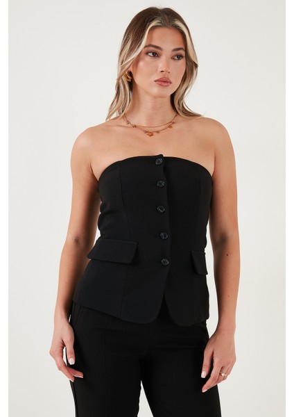 Regular Fit Straplez Yaka Düğmeli Yelek Bayan Yelek 6839611 fırsatları