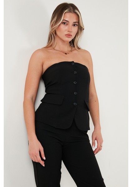 Regular Fit Straplez Yaka Düğmeli Yelek Bayan Yelek 6839611