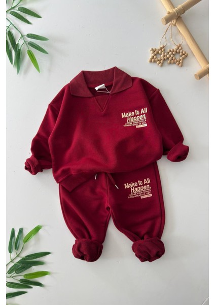 Make It All Kabartma Baskılı Erkek Çocuk 2 li takım - Bordo