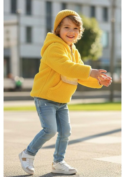 Kanguru Cep Detaylı Kapüşonlu Unisex Çocuk polar sweat - Sarı fiyatları