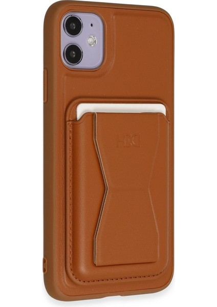 iPhone 11 Kılıf Hd Deri Luxury Magnet Kartvizitli Kapak - Kahverengi