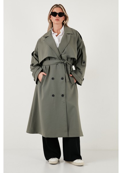 Oversize Fit Kruvaze Yaka Düğmeli Kemerli Uzun Trençkot Bayan Trençkot 6839476