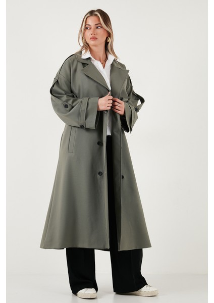 Oversize Fit Kruvaze Yaka Düğmeli Kemerli Uzun Trençkot Bayan Trençkot 6839476 modelleri