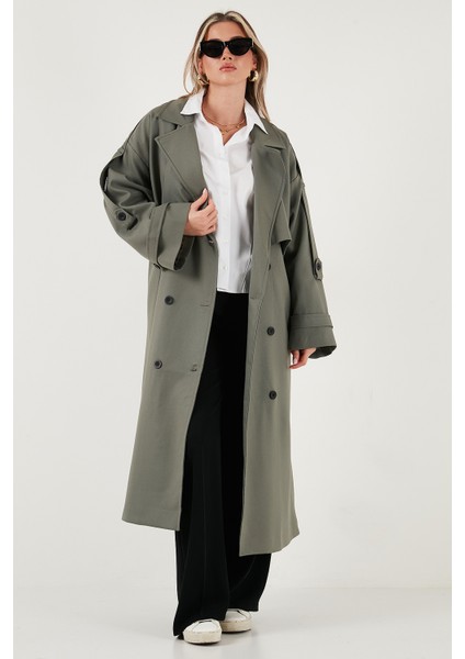 Oversize Fit Kruvaze Yaka Düğmeli Kemerli Uzun Trençkot Bayan Trençkot 6839476 fırsatları