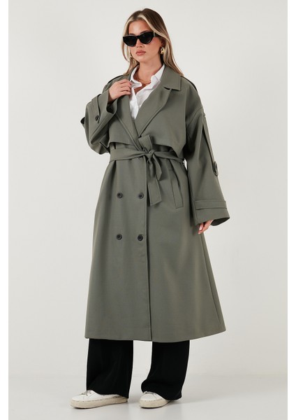 Oversize Fit Kruvaze Yaka Düğmeli Kemerli Uzun Trençkot Bayan Trençkot 6839476 indirimleri