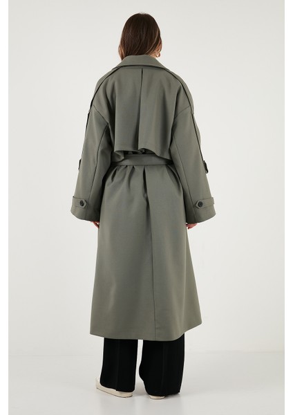 Oversize Fit Kruvaze Yaka Düğmeli Kemerli Uzun Trençkot Bayan Trençkot 6839476
